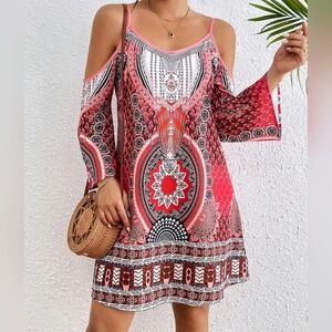 Bohemian Cold Shoulder Dress in Red and Black